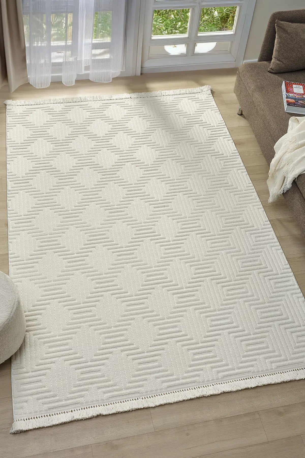 Krem Modern Soyut Çizgili Salon Halısı - 1550KR