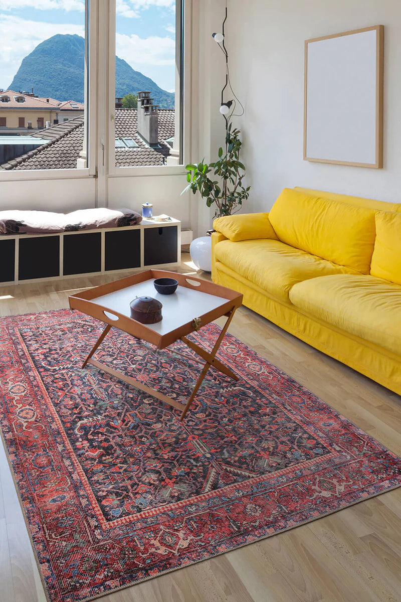 Kırmızı ve Lacivert Klasik Çiçekli Vintage Halı - OUTLET - T0627OU