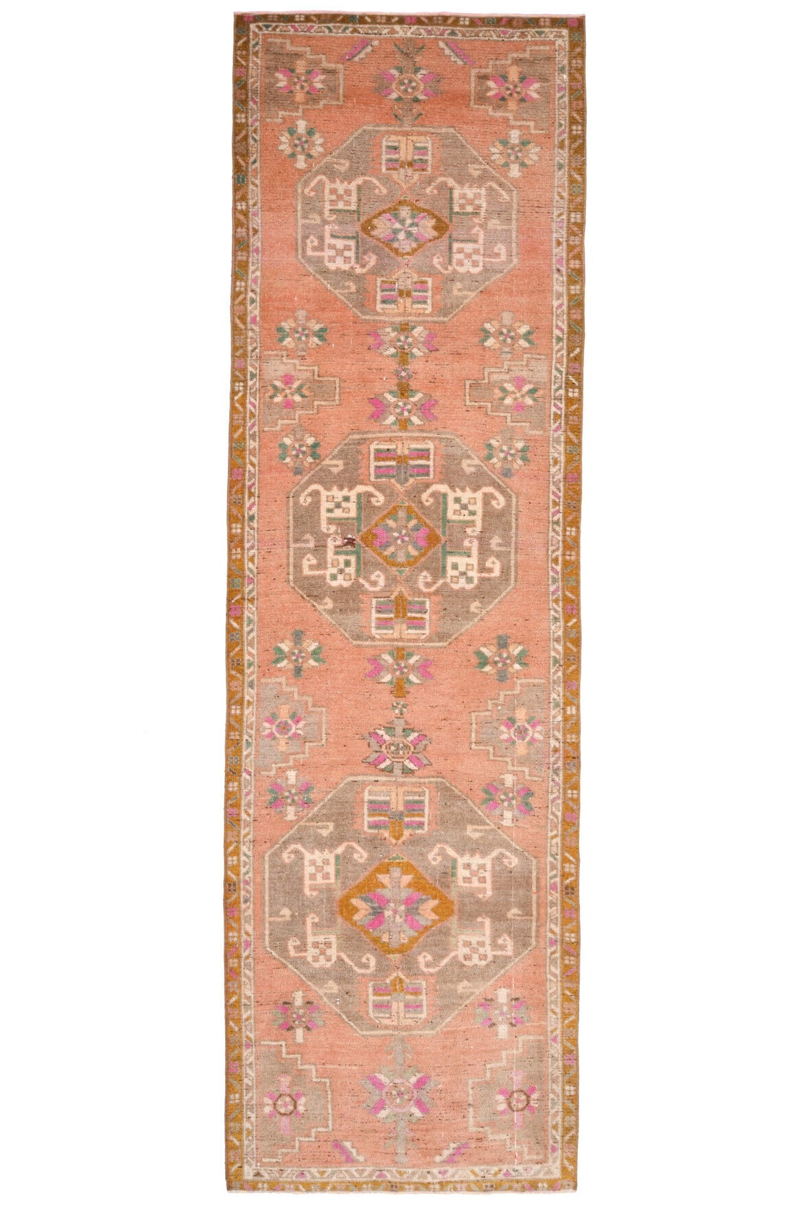 El yapımı vintage yolluk 112x381 cm oryantal desenli yün - detay görünümü