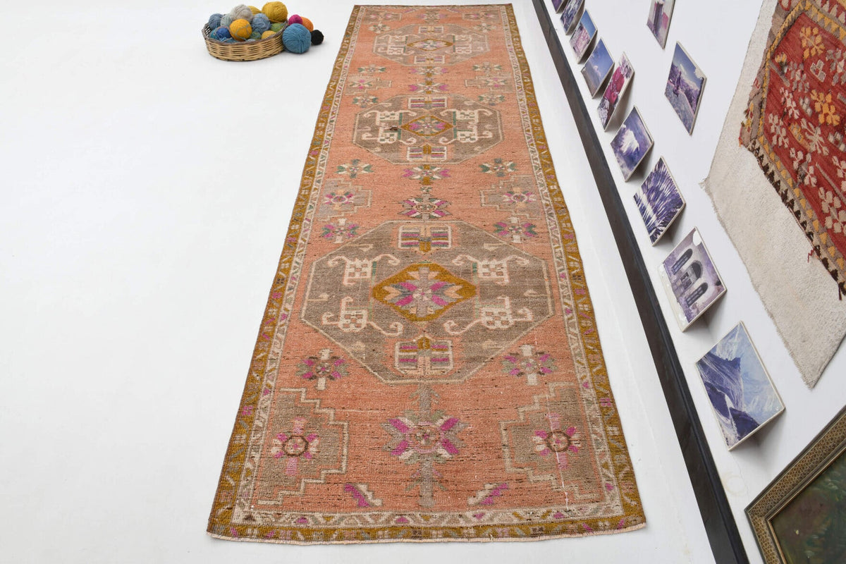 El yapımı vintage yolluk 112x381 cm oryantal desenli yün - kenar ve saçak detayı