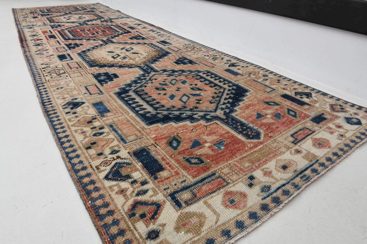 El yapımı vintage yolluk 94x330 cm oryantal desenli yün - yakın çekim doku detayı