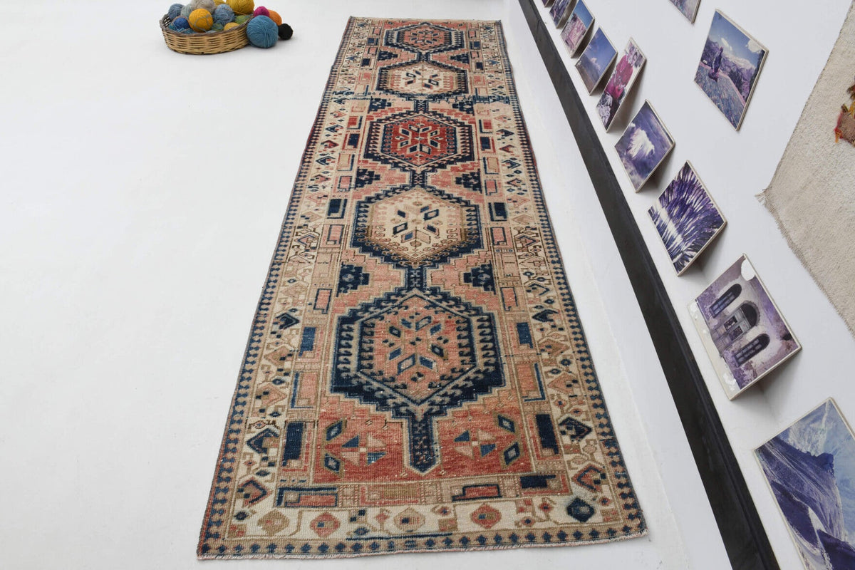 El yapımı vintage yolluk 94x330 cm oryantal desenli yün - kenar ve saçak detayı