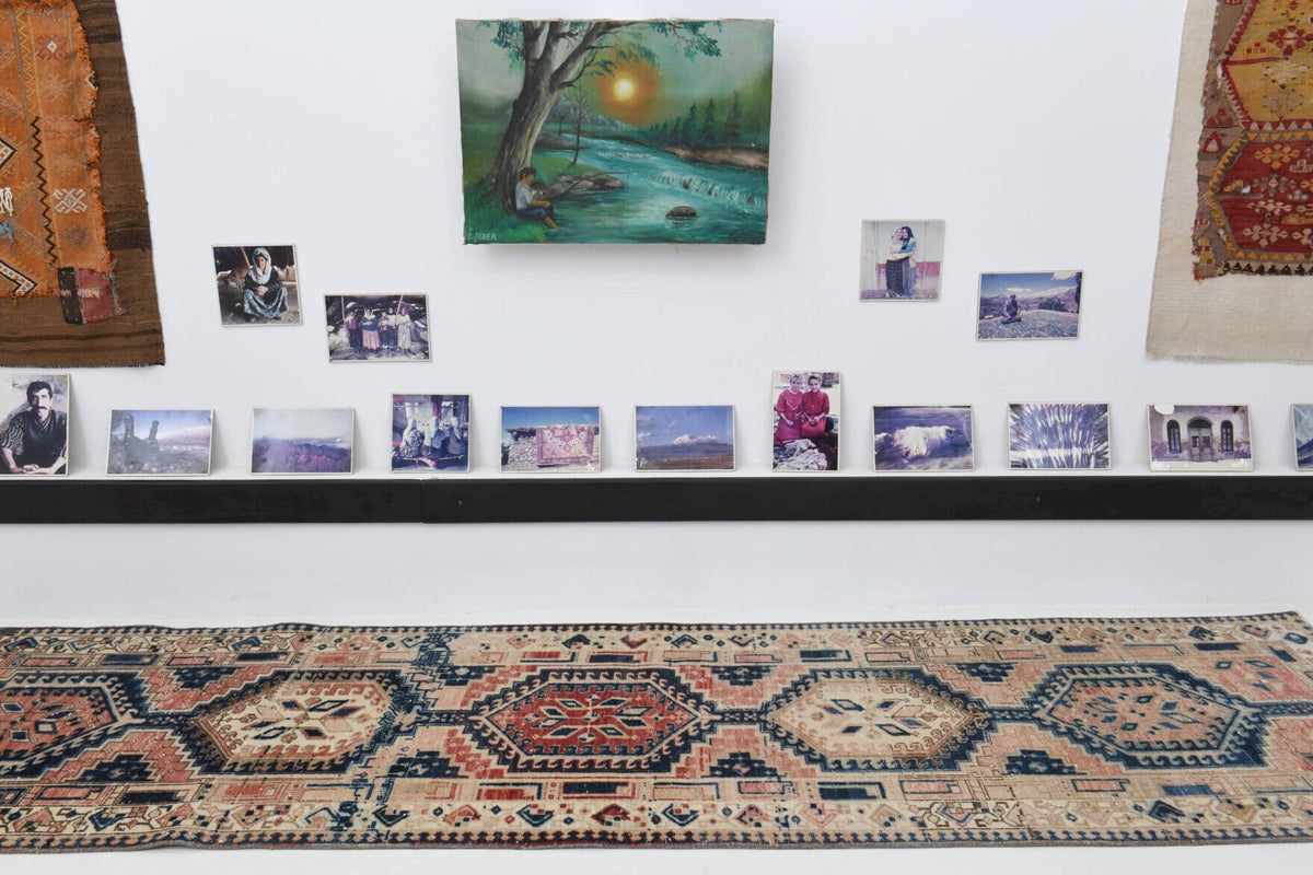 El yapımı vintage yolluk 94x330 cm oryantal desenli yün - üstten görünüm