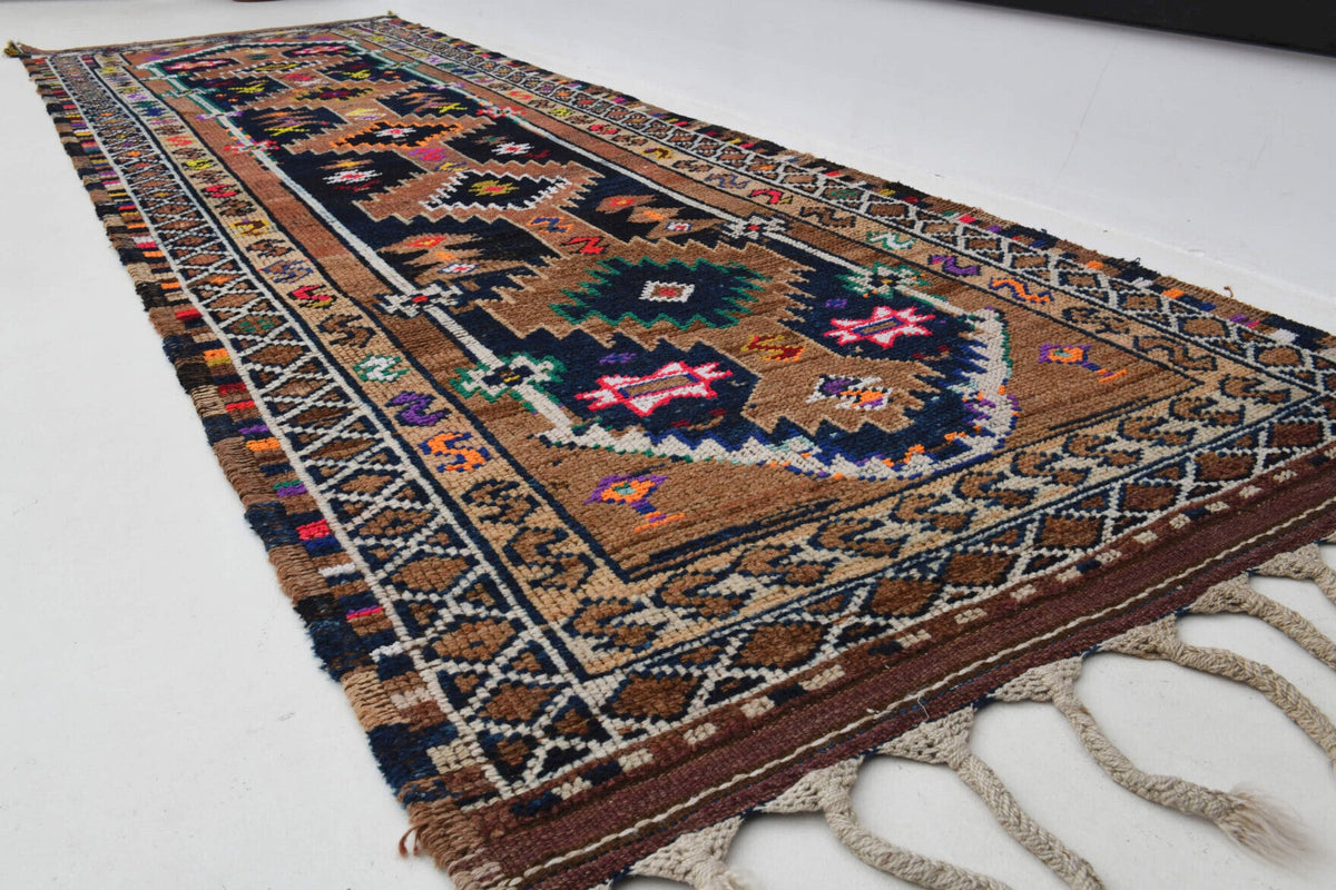 El yapımı vintage yolluk 94x302 cm oryantal desenli yün - yakın çekim doku detayı