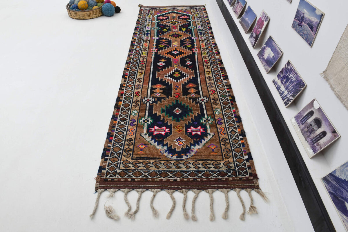 El yapımı vintage yolluk 94x302 cm oryantal desenli yün - kenar ve saçak detayı