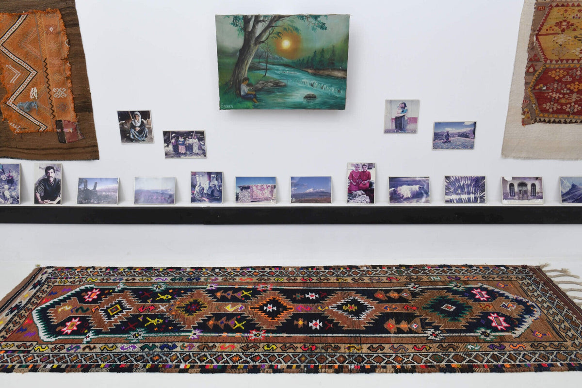 El yapımı vintage yolluk 94x302 cm oryantal desenli yün - üstten görünüm