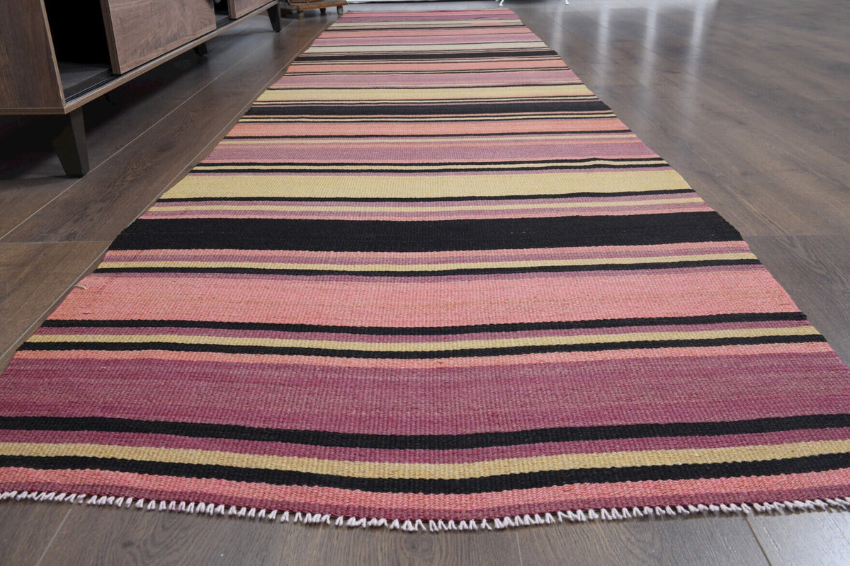 El yapımı vintage yolluk 94x401 cm oryantal desenli yün - yakın çekim doku detayı