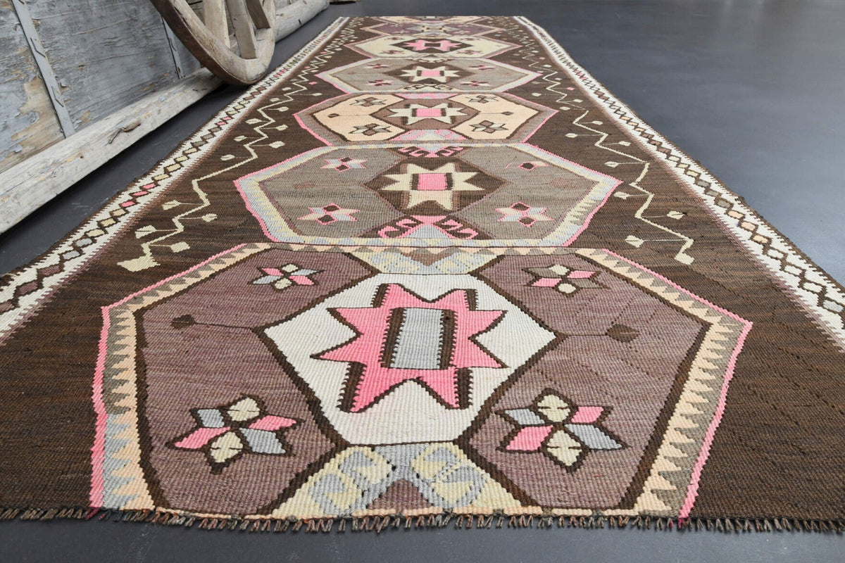 El yapımı vintage yolluk 119x348 cm oryantal desenli yün - yakın çekim doku detayı