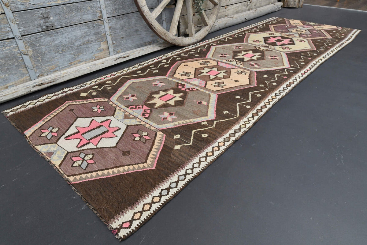 El yapımı vintage yolluk 119x348 cm oryantal desenli yün - kenar ve saçak detayı