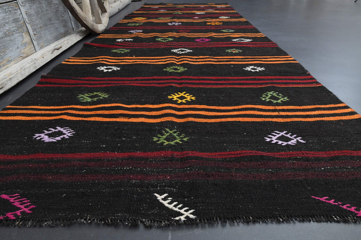 El yapımı vintage yolluk 142x411 cm oryantal desenli yün - yakın çekim doku detayı