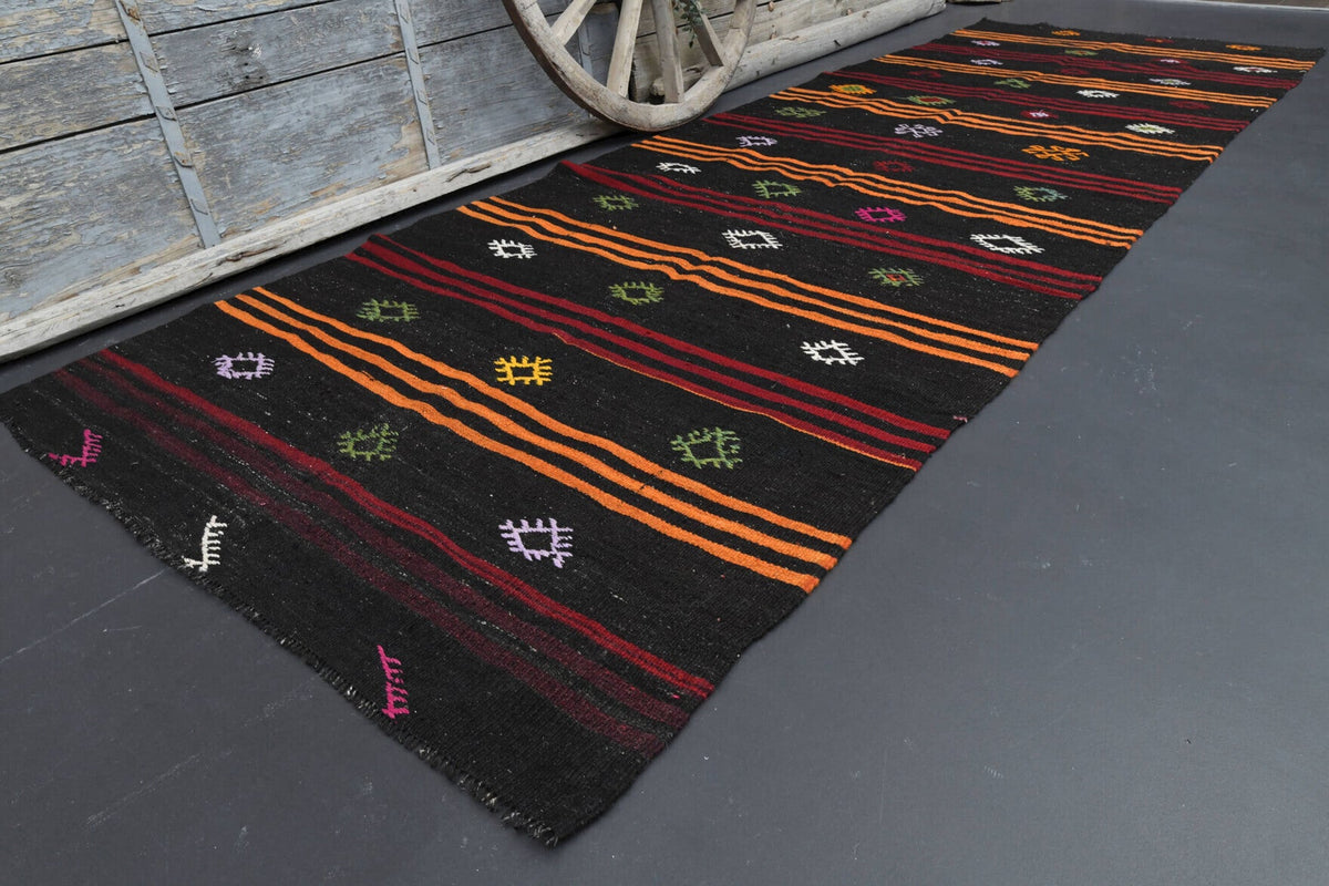El yapımı vintage yolluk 142x411 cm oryantal desenli yün - kenar ve saçak detayı