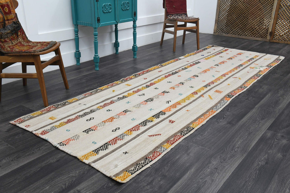 El yapımı vintage yolluk 117x345 cm oryantal desenli yün - yakın çekim doku detayı