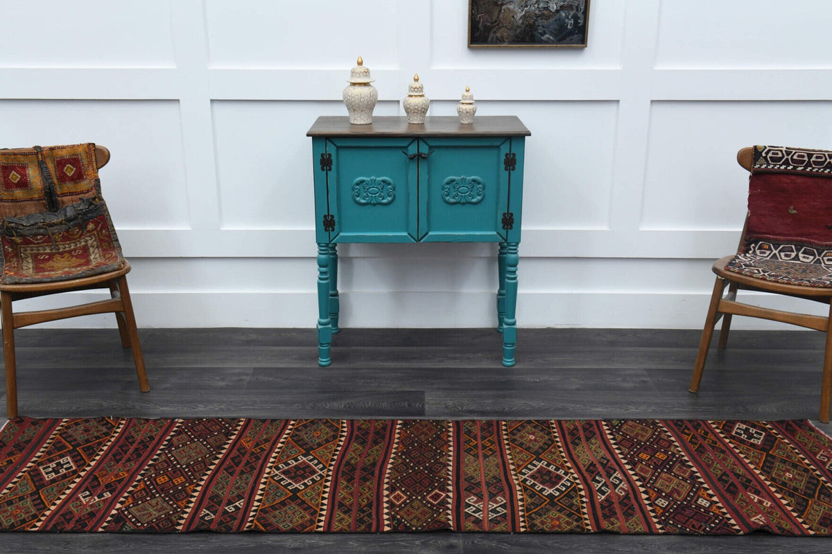 El yapımı vintage yolluk 64x272 cm oryantal desenli yün - kenar ve saçak detayı