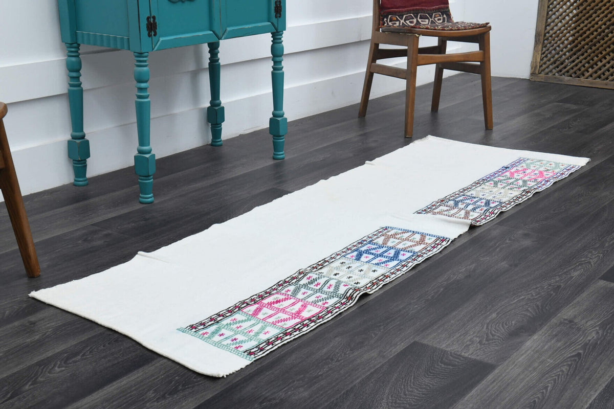 El yapımı vintage yolluk 71x216 cm oryantal desenli yün - yakın çekim doku detayı