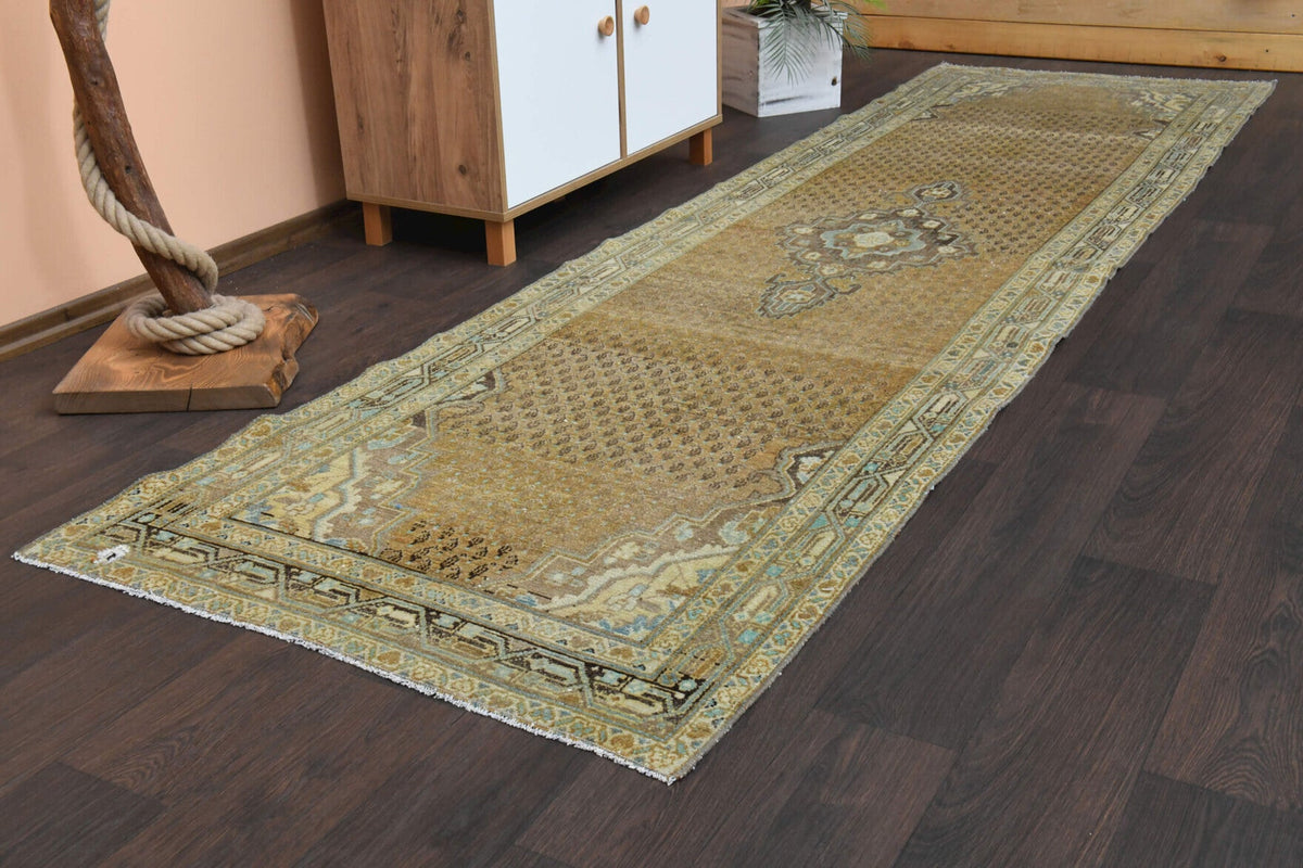 El yapımı vintage yolluk 102x356 cm oryantal desenli yün - kenar ve saçak detayı