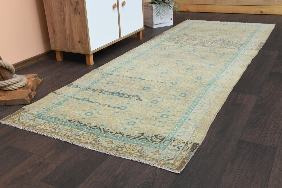 El yapımı vintage yolluk 107x292 cm oryantal desenli yün - yakın çekim doku detayı