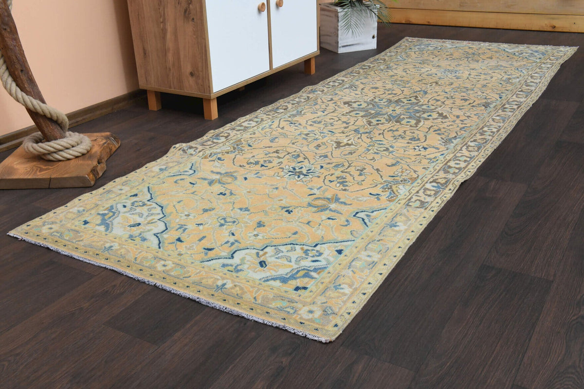 El yapımı vintage yolluk 104x310 cm oryantal desenli yün - kenar ve saçak detayı