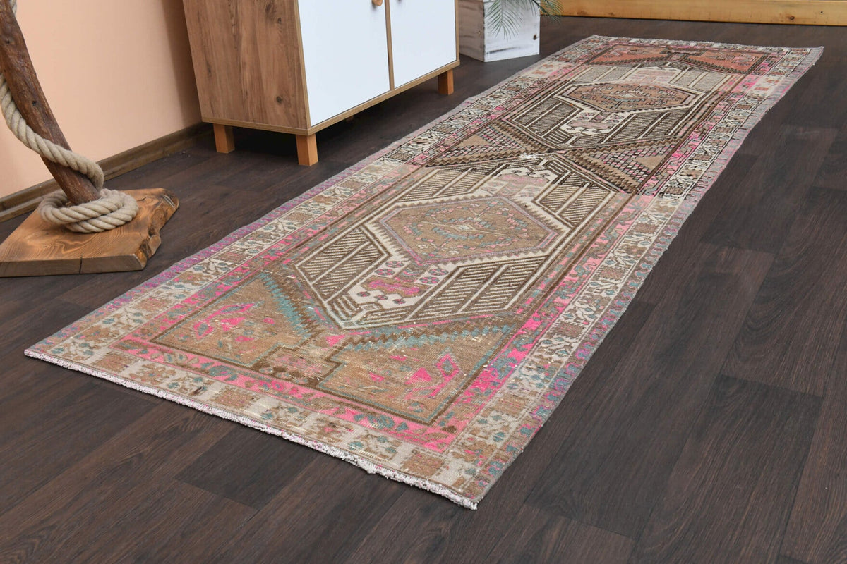 El yapımı vintage yolluk 102x315 cm oryantal desenli yün - kenar ve saçak detayı