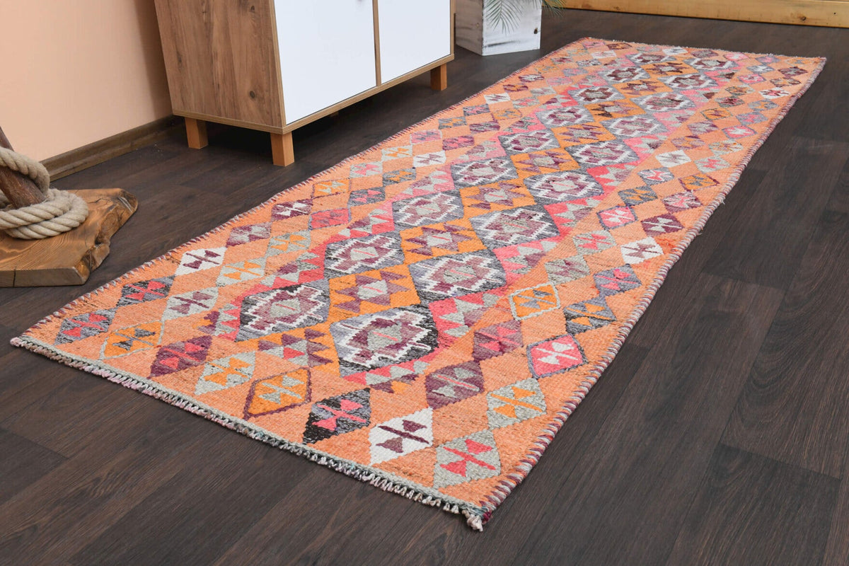 El yapımı vintage yolluk 97x284 cm oryantal desenli yün - kenar ve saçak detayı