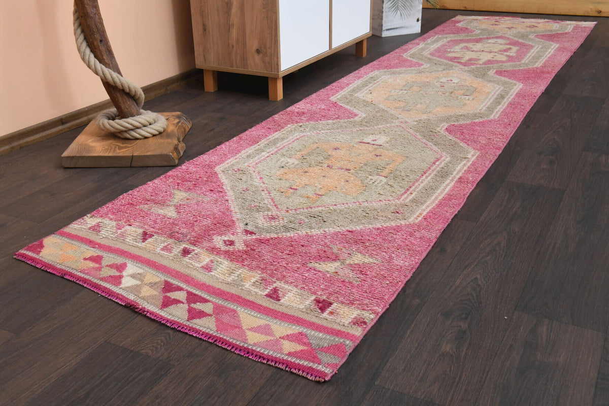 El yapımı vintage yolluk 86x368 cm oryantal desenli yün - kenar ve saçak detayı