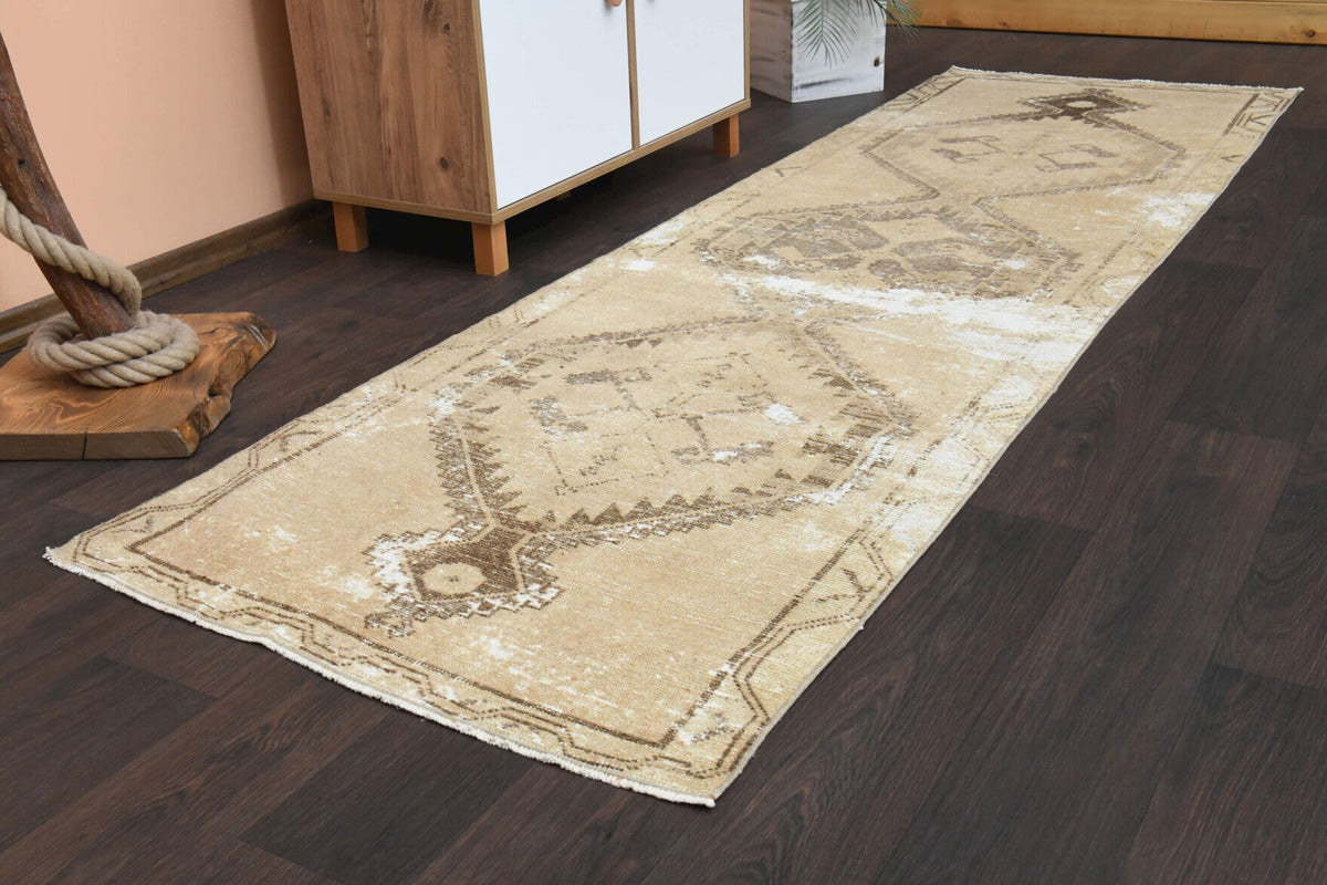 El yapımı vintage yolluk 91x295 cm oryantal desenli yün - kenar ve saçak detayı
