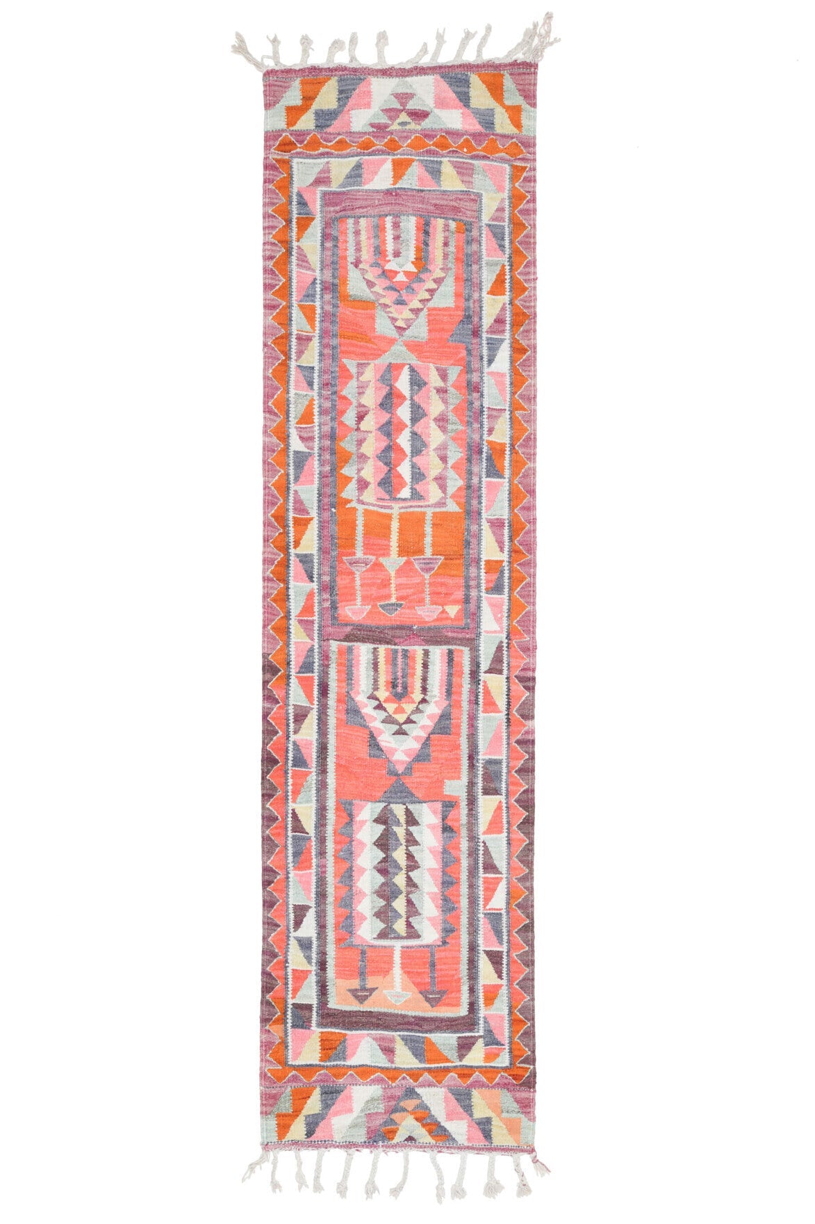 El yapımı vintage yolluk 86x345 cm oryantal desenli yün - ışık altında renk detayı