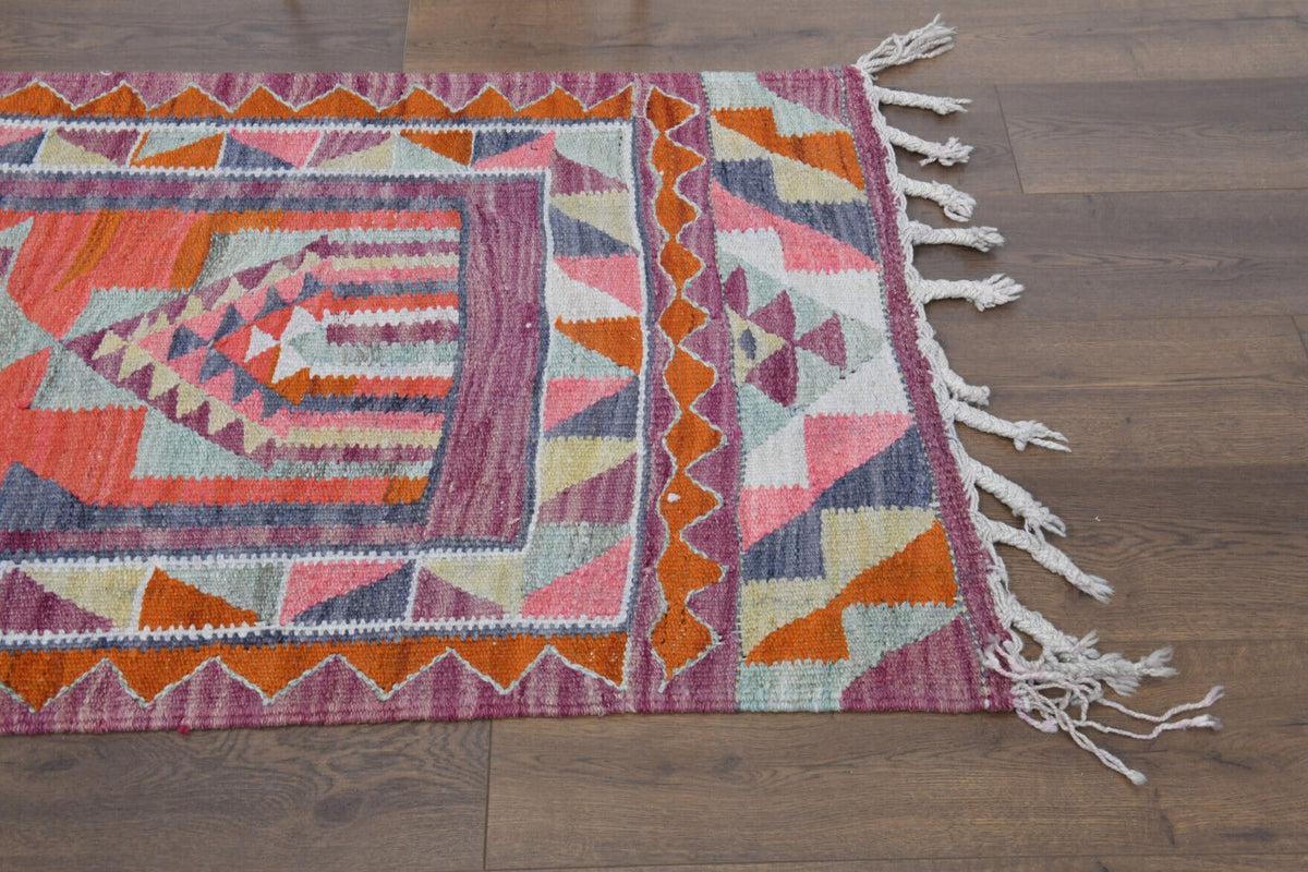 El yapımı vintage yolluk 86x345 cm oryantal desenli yün - kenar ve saçak detayı