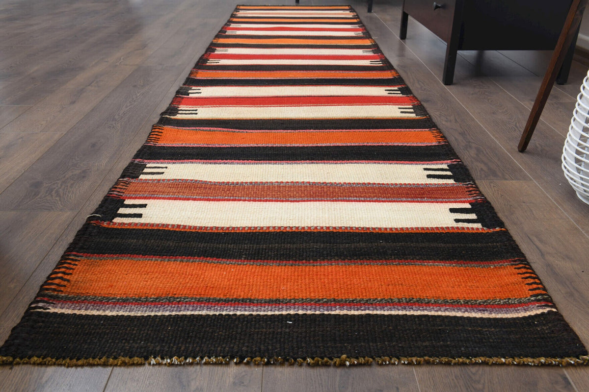 El yapımı vintage yolluk 79x338 cm oryantal desenli yün - yakın çekim doku detayı