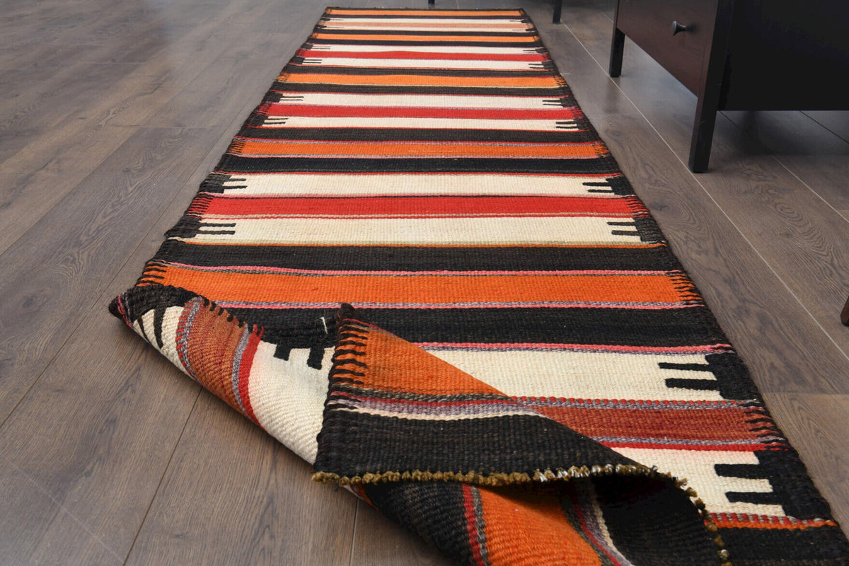 El yapımı vintage yolluk 79x338 cm oryantal desenli yün - kenar ve saçak detayı