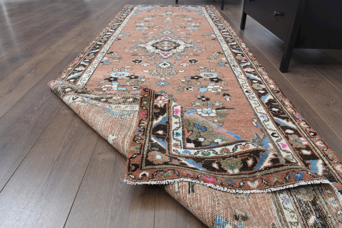 El yapımı vintage yolluk 104x310 cm oryantal desenli yün - kenar ve saçak detayı