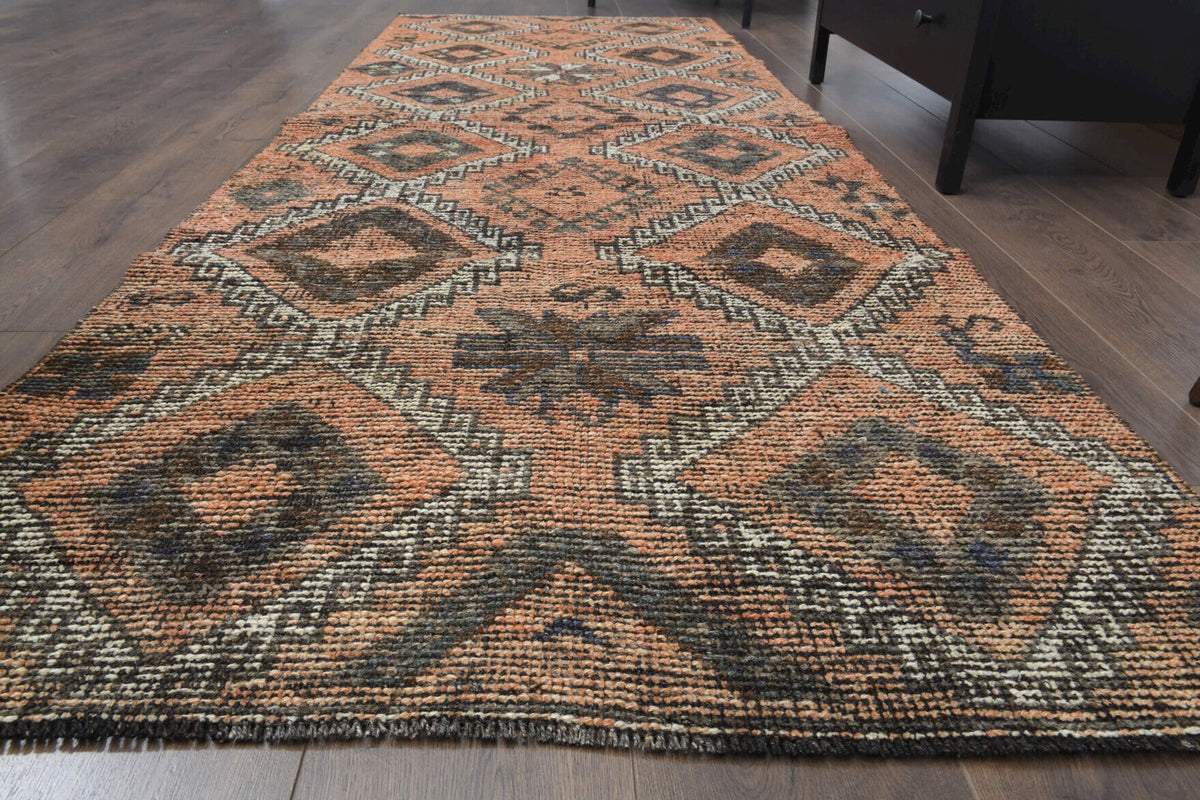 El yapımı vintage yolluk 107x290 cm oryantal desenli yün - yakın çekim doku detayı