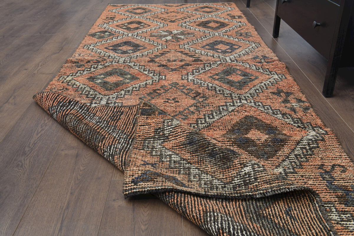 El yapımı vintage yolluk 107x290 cm oryantal desenli yün - kenar ve saçak detayı