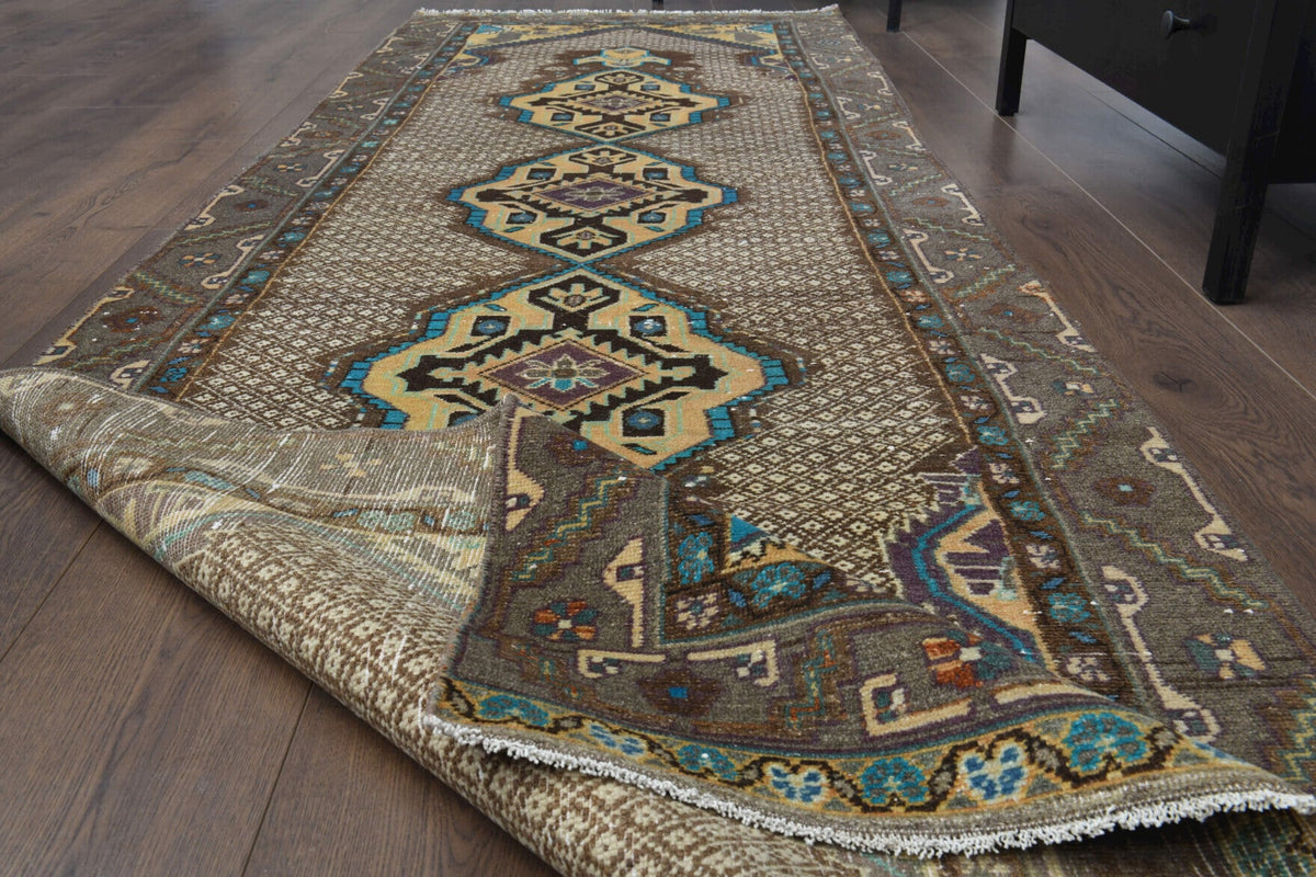 El yapımı vintage yolluk 97x305 cm oryantal desenli yün - kenar ve saçak detayı