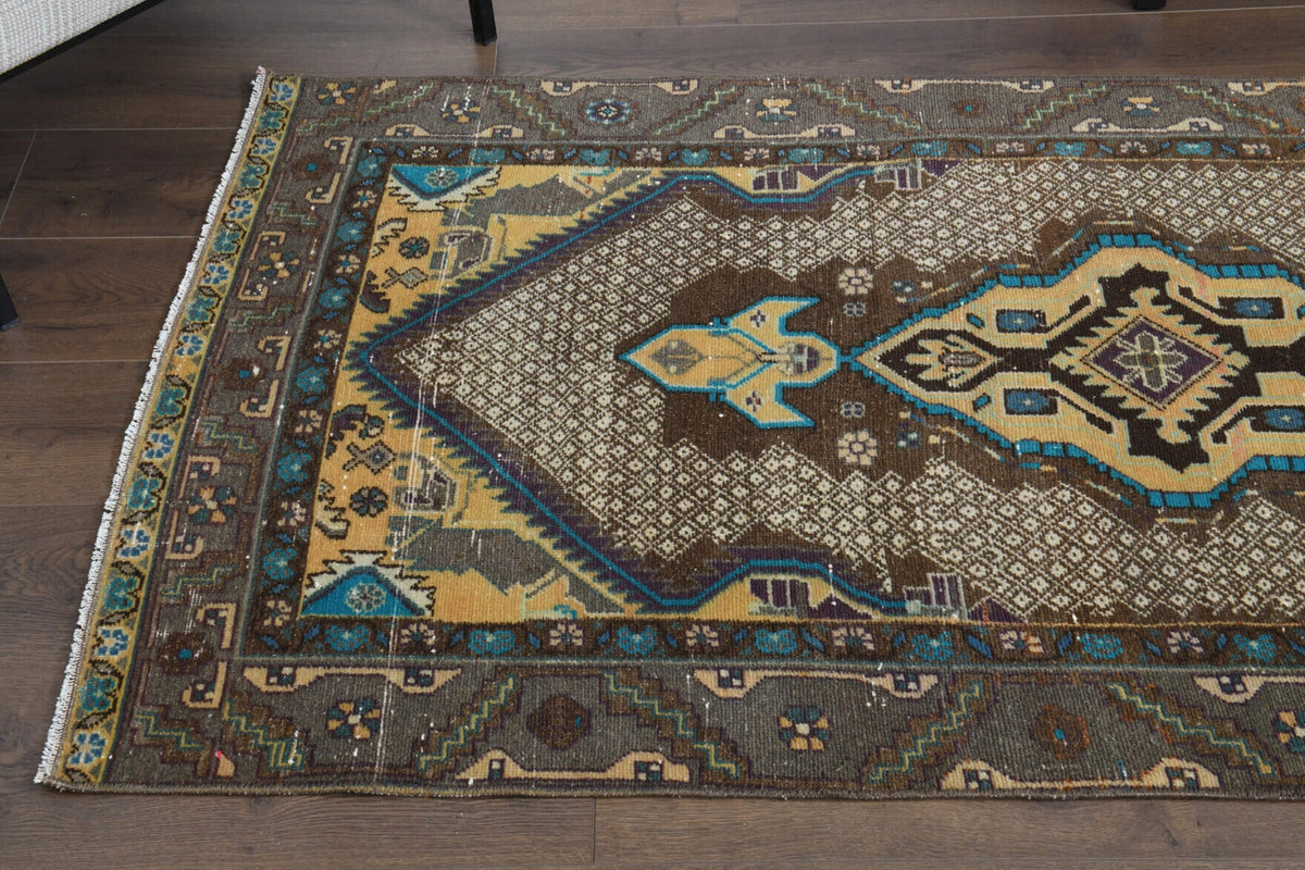 El yapımı vintage yolluk 97x305 cm oryantal desenli yün - üstten görünüm