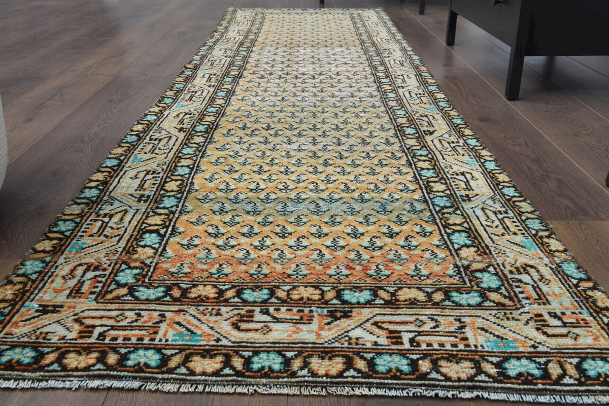 El yapımı vintage yolluk 81x310 cm oryantal desenli yün - yakın çekim doku detayı