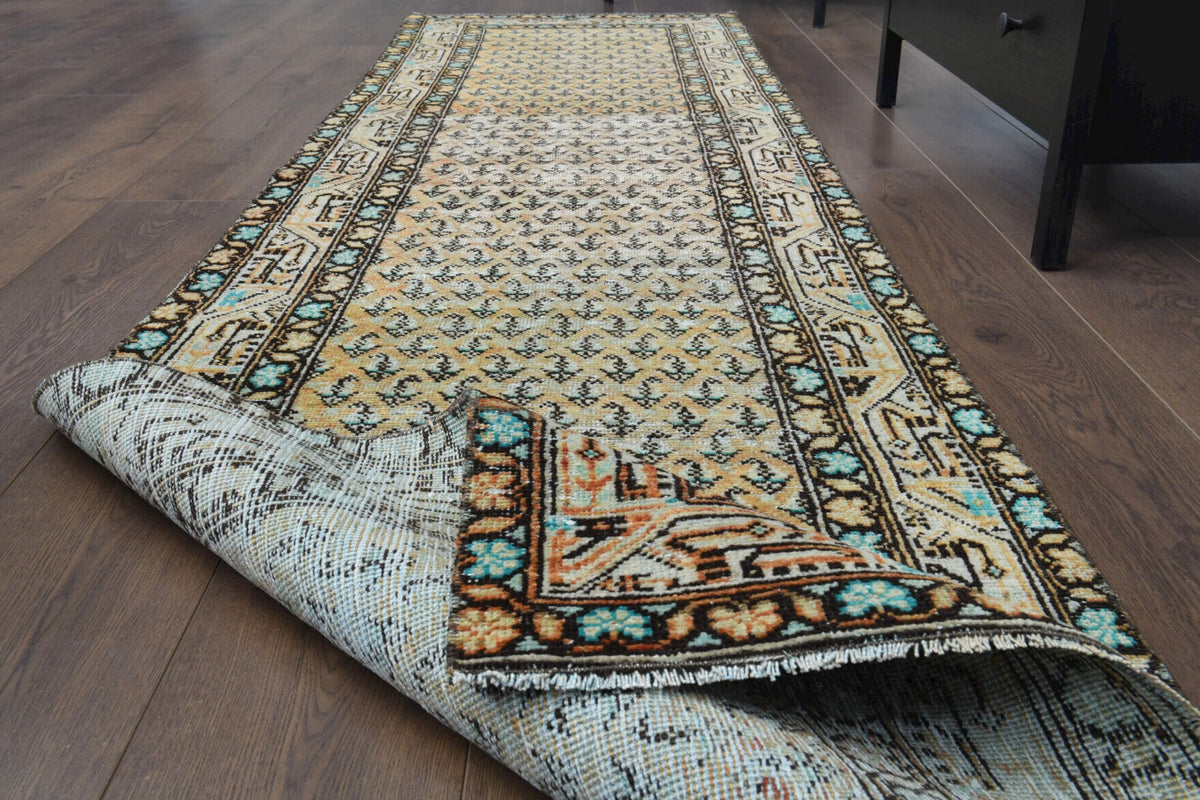 El yapımı vintage yolluk 81x310 cm oryantal desenli yün - kenar ve saçak detayı