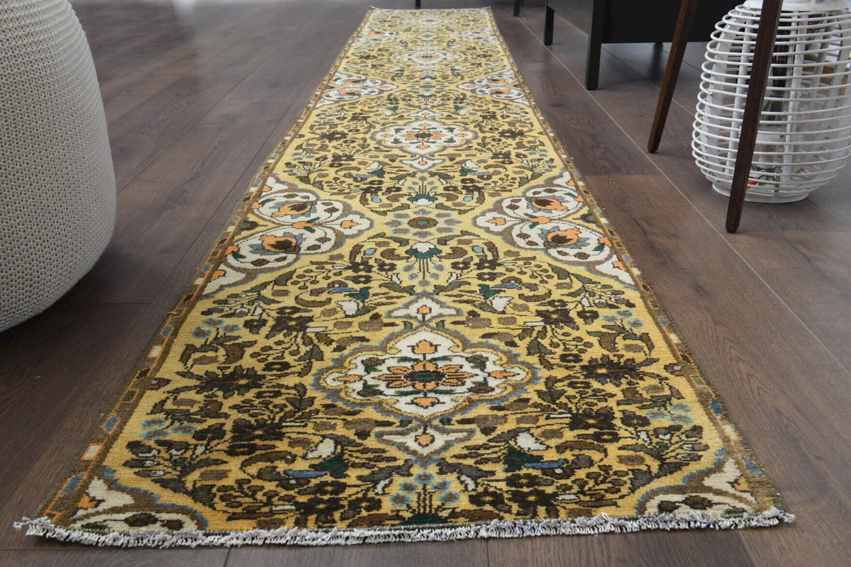 El yapımı vintage yolluk 58x378 cm oryantal desenli yün - yakın çekim doku detayı
