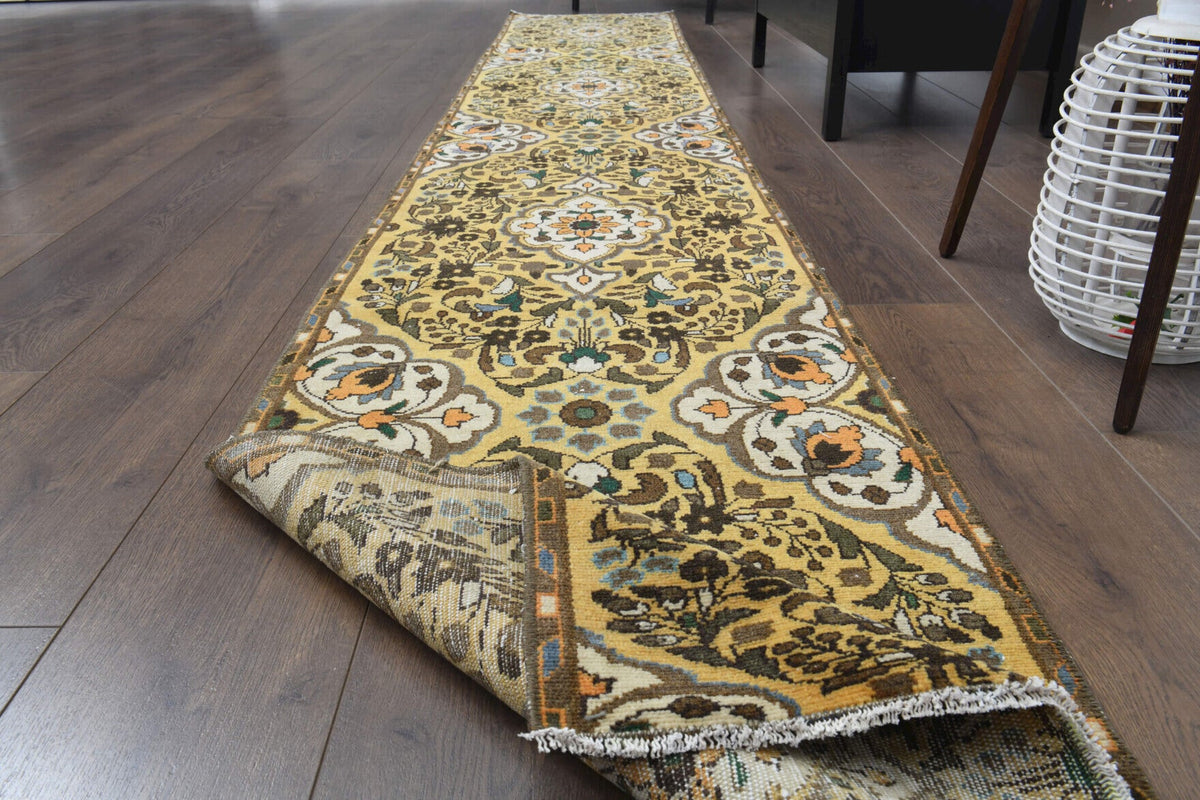 El yapımı vintage yolluk 58x378 cm oryantal desenli yün - kenar ve saçak detayı
