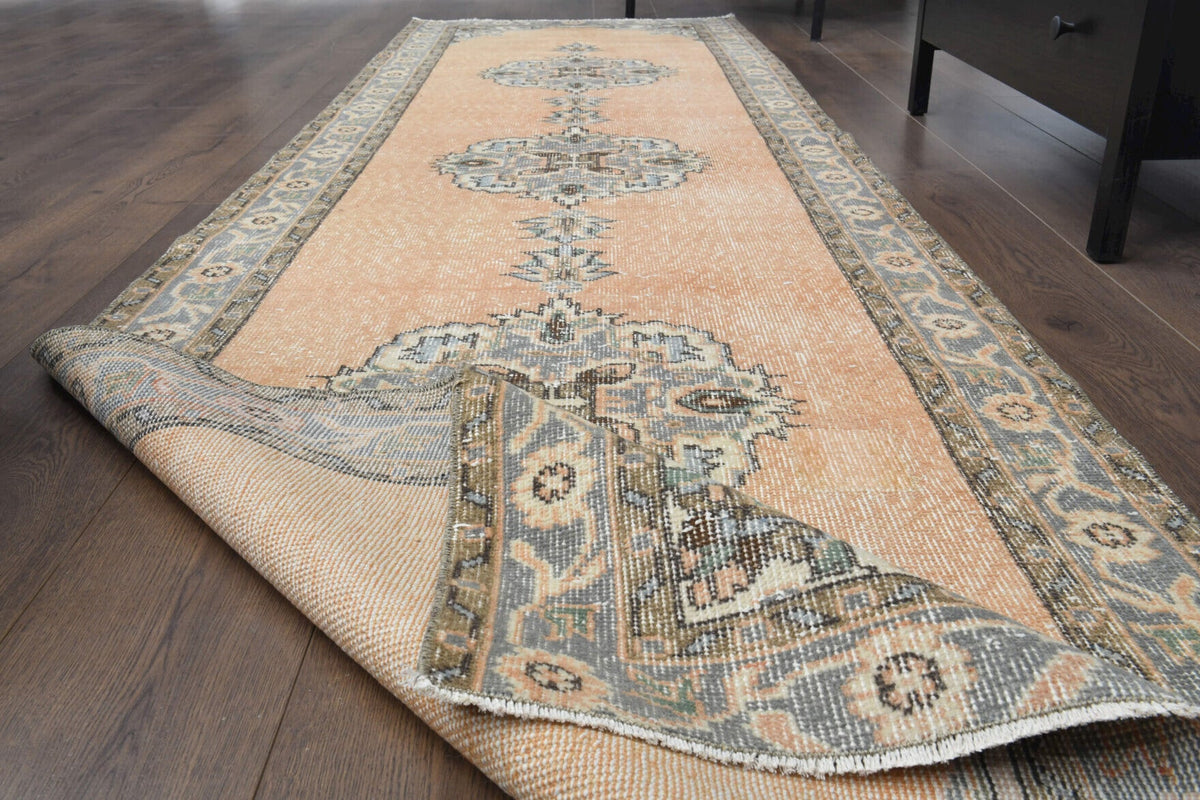 El yapımı vintage yolluk 97x340 cm oryantal desenli yün - kenar ve saçak detayı