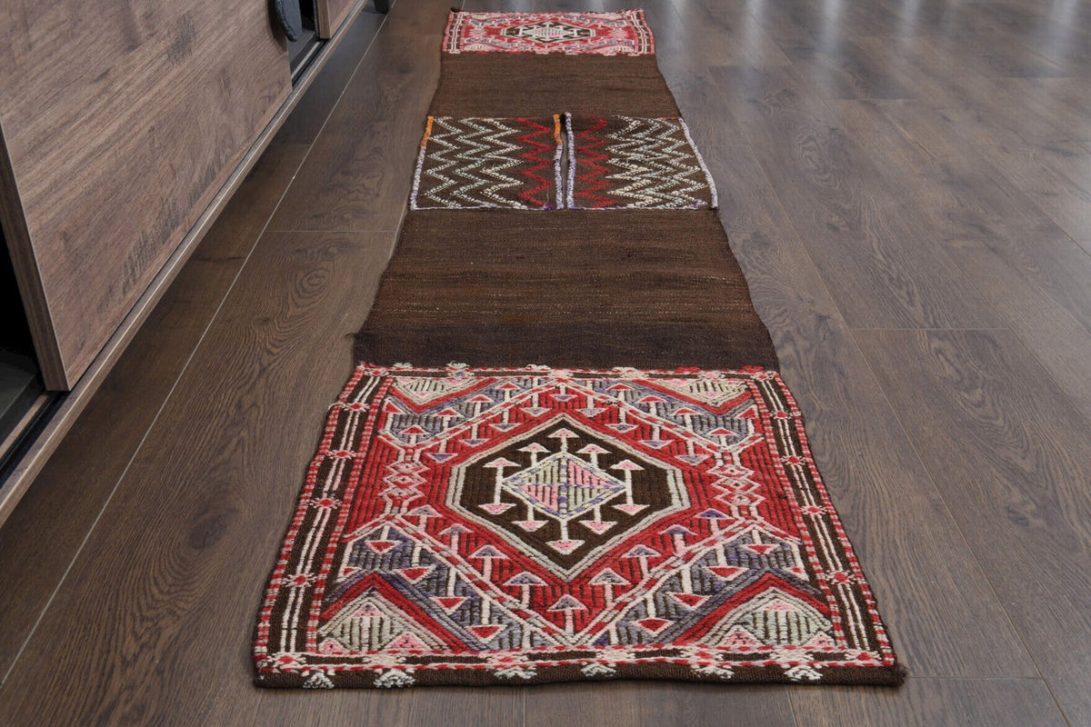 Brown & Red - Turkish Kilim Runner Rug