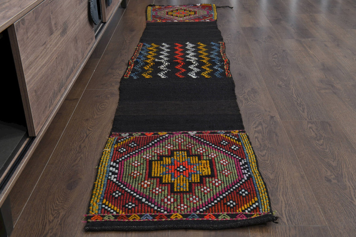 El yapımı vintage yolluk 48x229 cm oryantal desenli yün - yakın çekim doku detayı