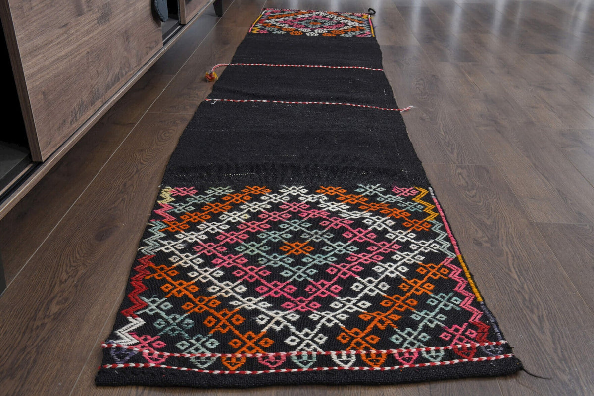 El yapımı vintage yolluk 61x269 cm oryantal desenli yün - yakın çekim doku detayı