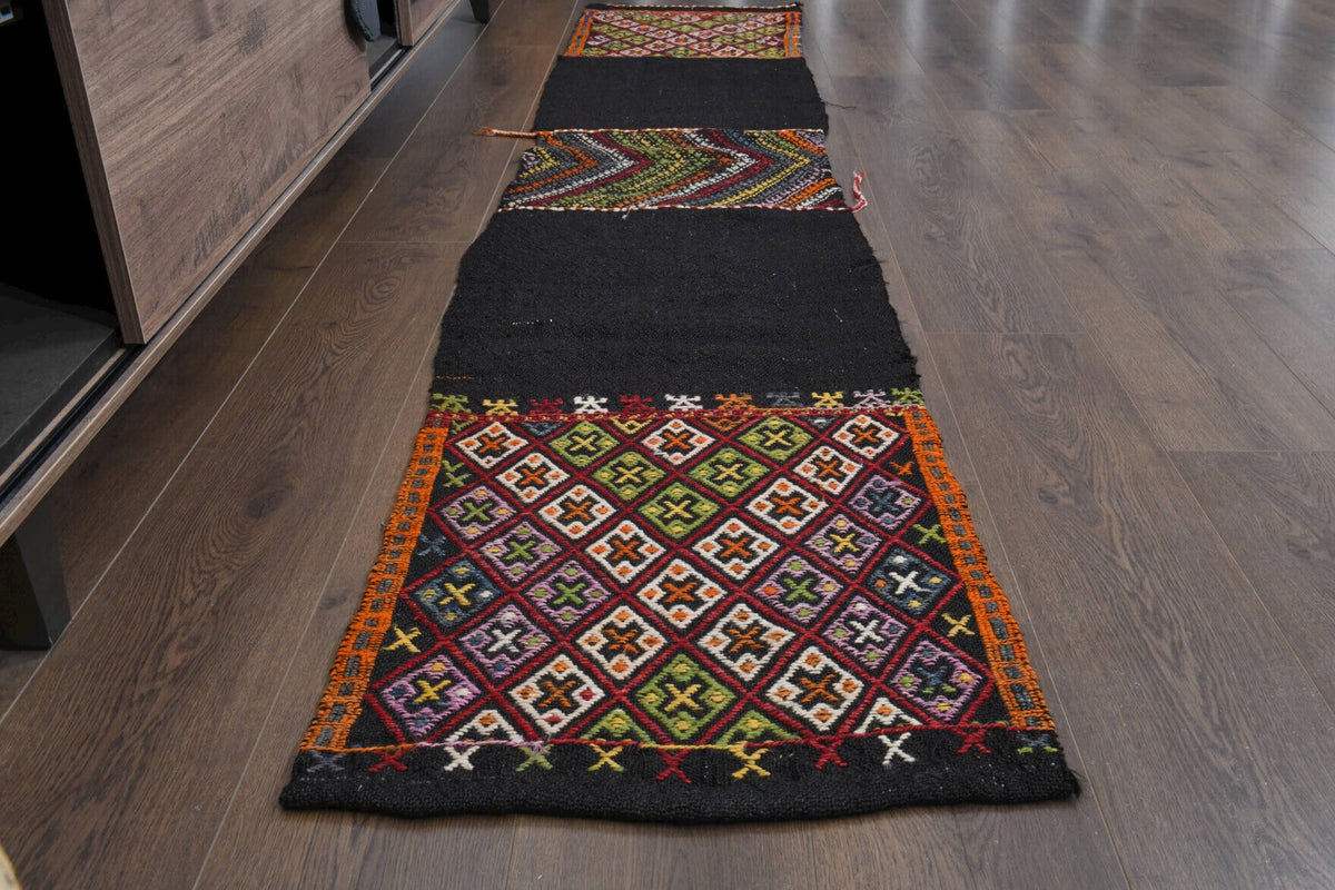 El yapımı vintage yolluk 51x259 cm oryantal desenli yün - yakın çekim doku detayı