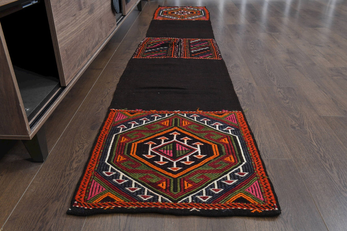 El yapımı vintage yolluk 51x269 cm oryantal desenli yün - yakın çekim doku detayı