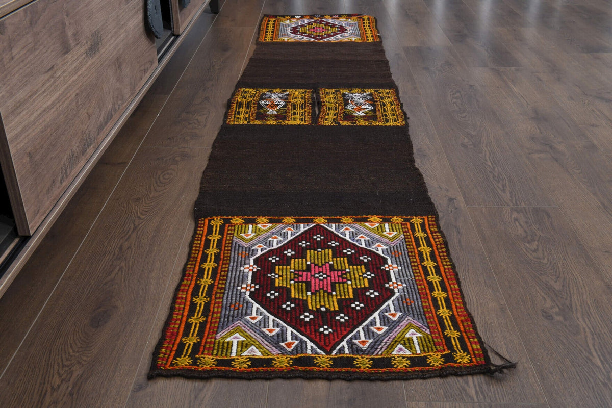 El yapımı vintage yolluk 48x216 cm oryantal desenli yün - yakın çekim doku detayı