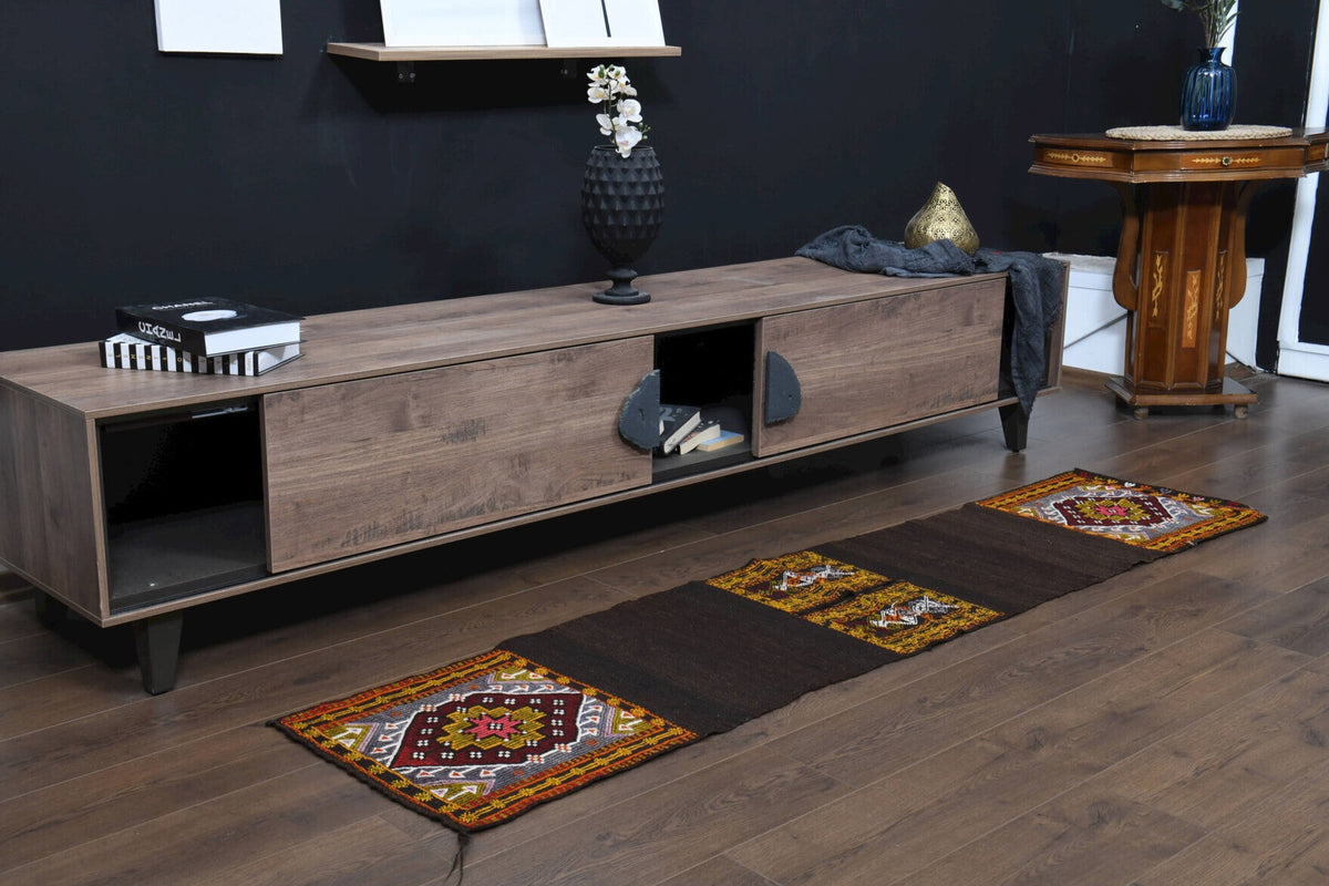 El yapımı vintage yolluk 48x216 cm oryantal desenli yün - üstten görünüm