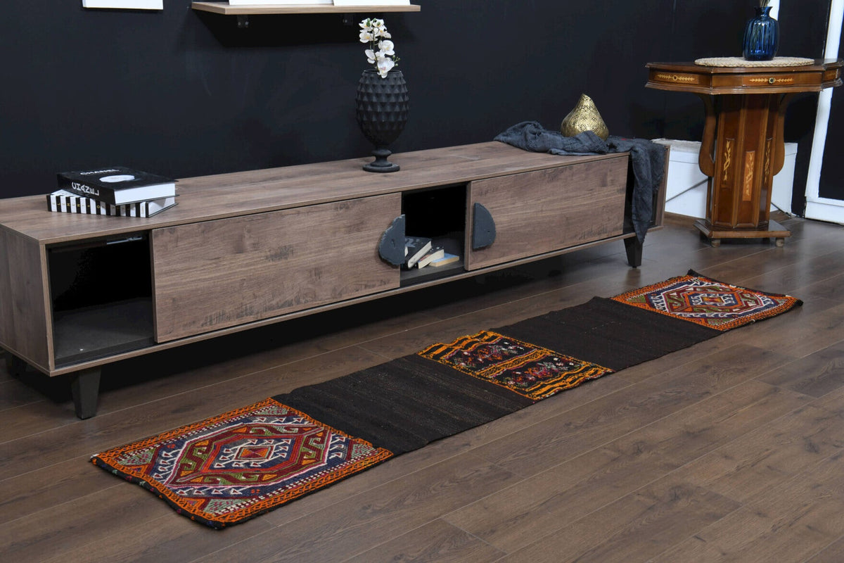 El yapımı vintage yolluk 48x241 cm oryantal desenli yün - üstten görünüm