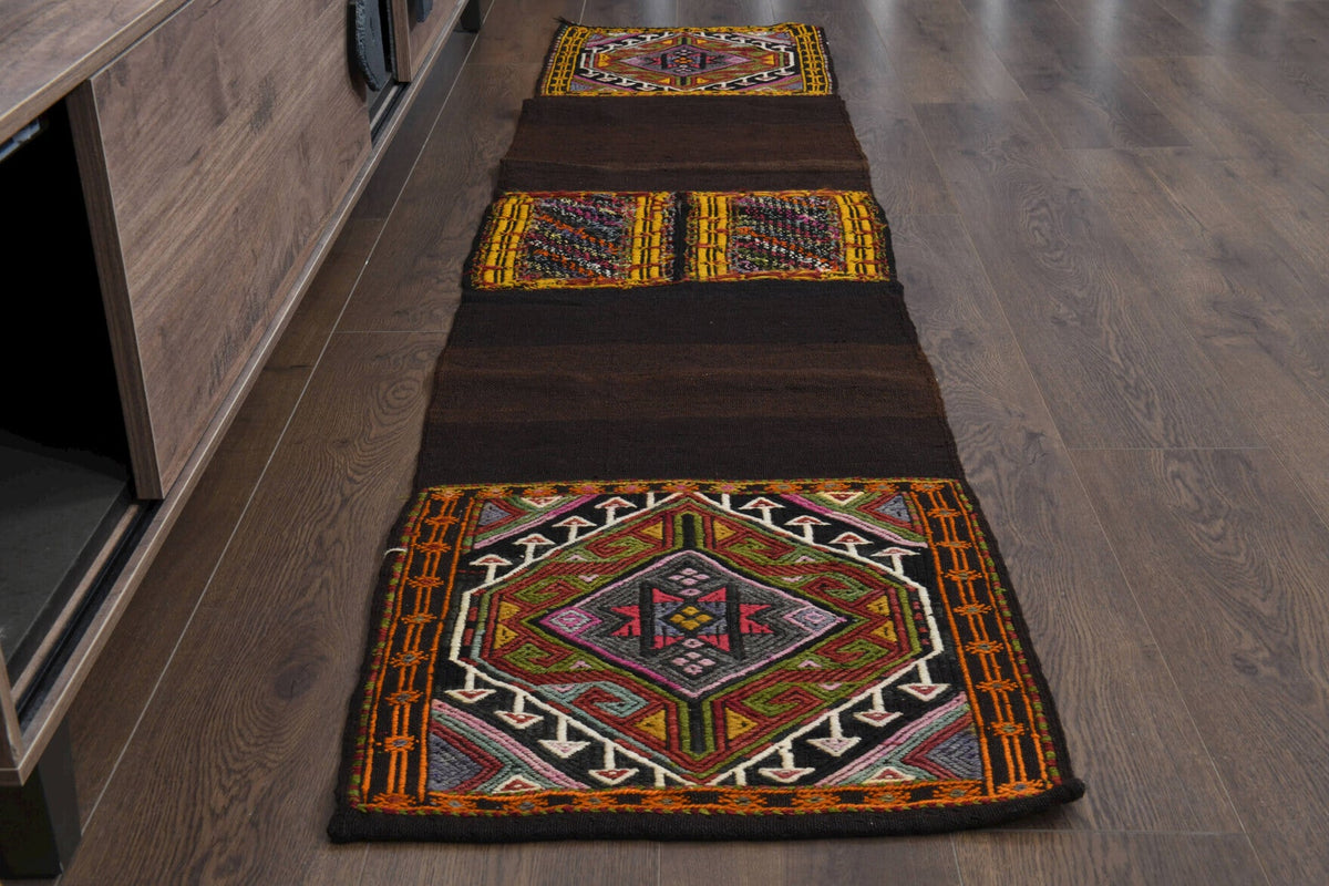 El yapımı vintage yolluk 51x226 cm oryantal desenli yün - yakın çekim doku detayı