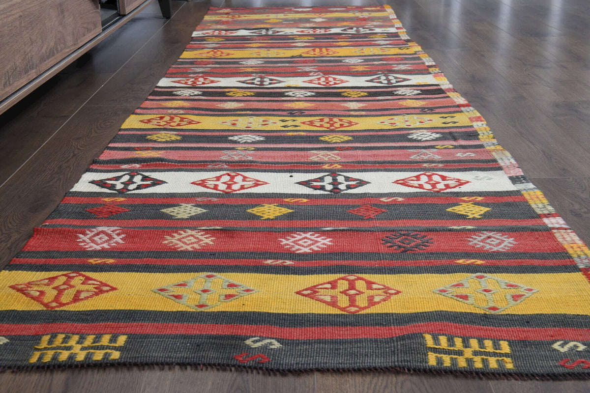 El yapımı vintage yolluk 86x284 cm oryantal desenli yün - yakın çekim doku detayı