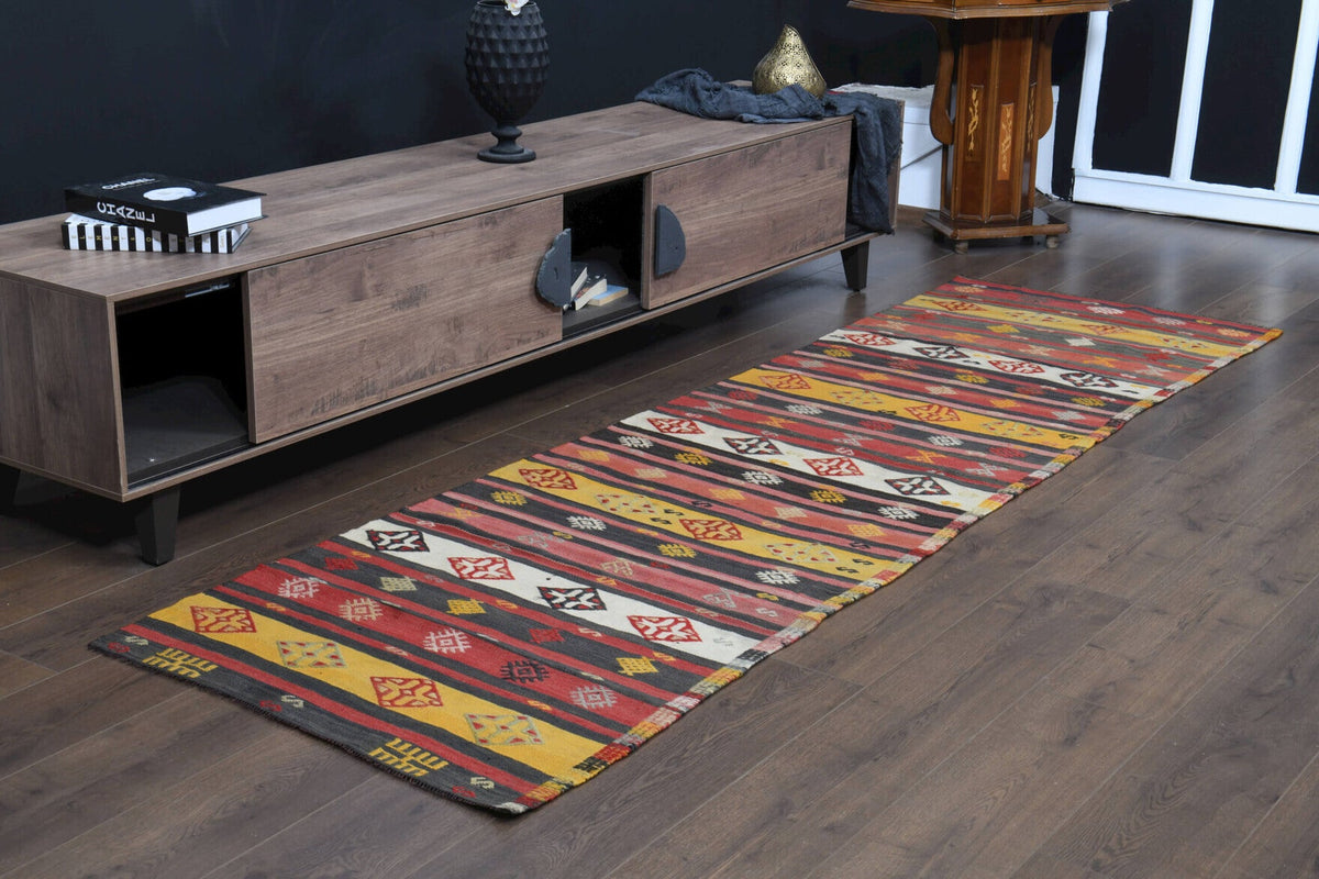 El yapımı vintage yolluk 86x284 cm oryantal desenli yün - üstten görünüm